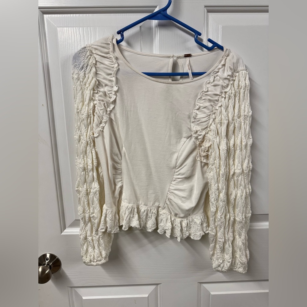Free People Cream Ruffle Peasant Long-Sleeve Blouse